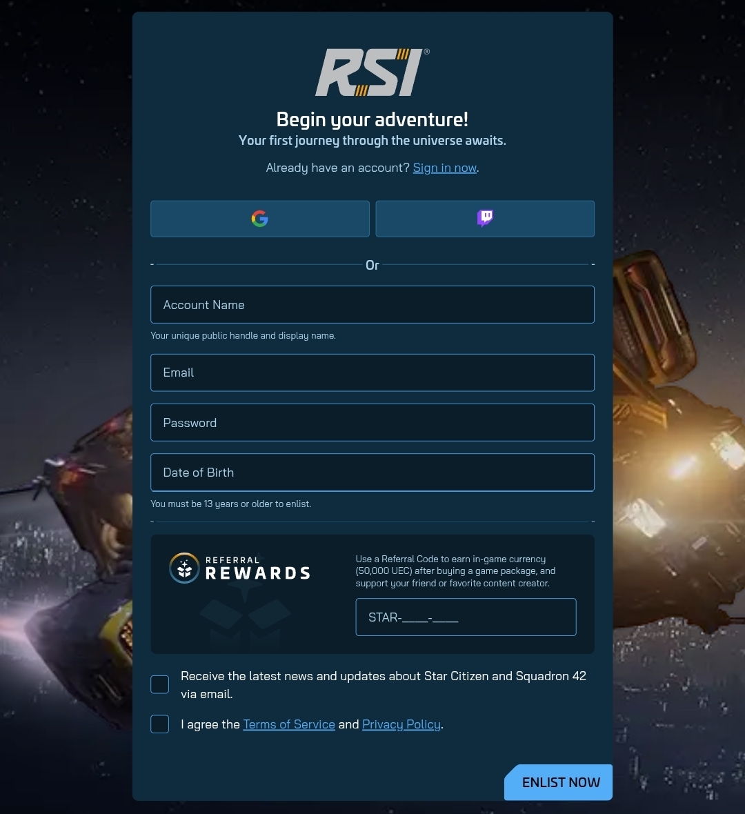 Star Citizen regisztráció